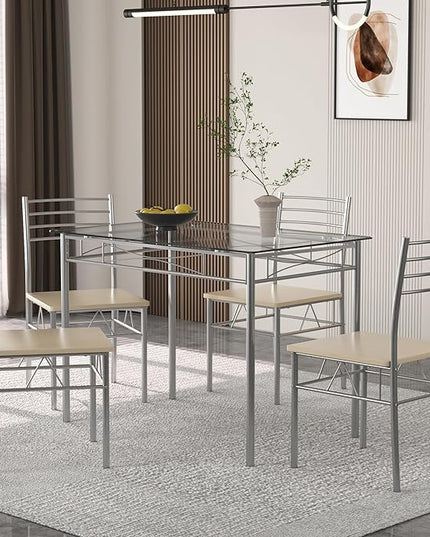 VECELO 5 Piece Dining Table Set for 4 with Chairs, Glass Tabletop, Small Space, Silver - LeafyLoom