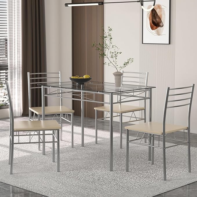 VECELO 5 Piece Dining Table Set for 4 with Chairs, Glass Tabletop, Small Space, Silver - LeafyLoom
