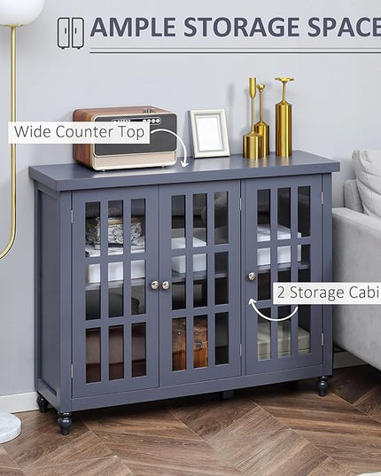HOMCOM Sideboard, Buffet Cabinet with 3 Tempered Glass Doors, Stripe Pattern and Adjustable Storage Shelf, Credenza, Gray - LeafyLoom