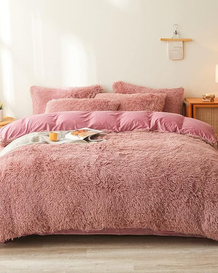 FOPPA Old Pink fluffy Comforter Cover Set king- Ultra Soft fluffy Old Pink Bedding Sets 3 Pieces (1 Duvet Cover + 2 Pillow case) Old Pink fluffy bed set (Old Pink, King) - LeafyLoom