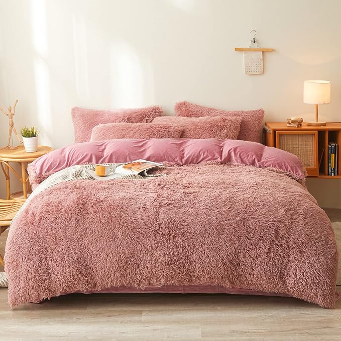 Fluffy old pink comforters Cover twin size - Ultra Soft Plush old pink bedding Sets 2 Pieces (1 faux fur comforter Cover + 1 fuzzy pillow case) girls shaggy old pink twin bed set (Old Pink, Twin) - LeafyLoom