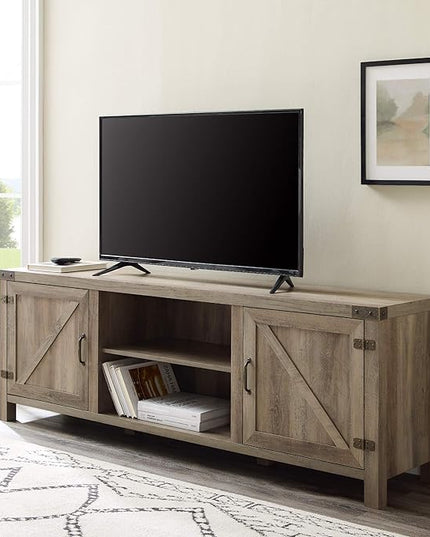 Walker Edison Georgetown Modern Farmhouse Double Barn Door TV Stand for TVs up to 80 Inches, 70 Inch, Grey Wash, Without Fireplace & Sedalia Modern Farmhouse Metal X Side Table, 18 Inch, Grey Wash - LeafyLoom