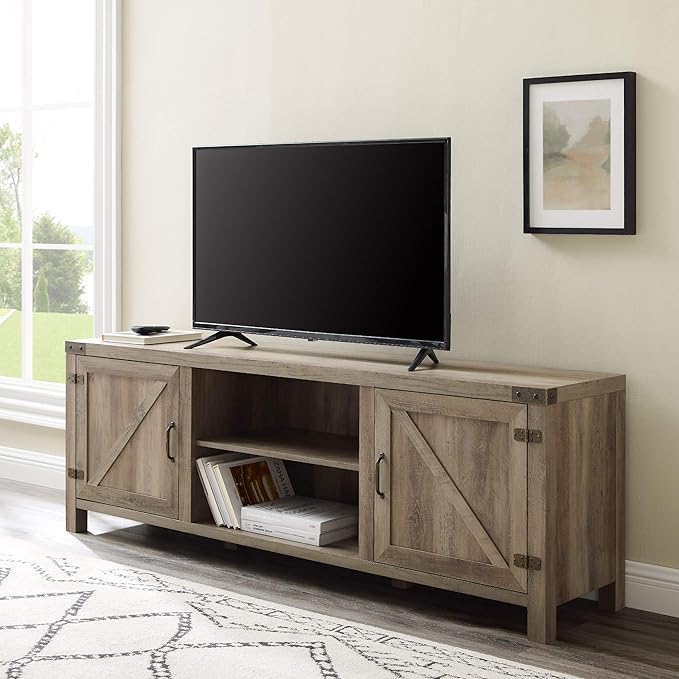 Walker Edison Georgetown Modern Farmhouse Double Barn Door TV Stand for TVs up to 80 Inches, 70 Inch, Grey Wash, Without Fireplace & Sedalia Modern Farmhouse Metal X Side Table, 18 Inch, Grey Wash - LeafyLoom