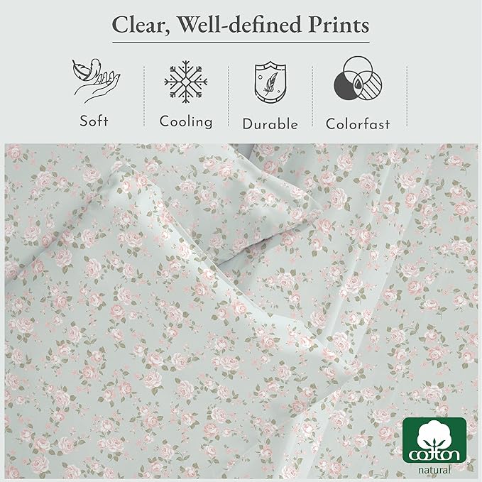 California Design Den Rose Sheet Set Twin XL, 100% Cotton 3 Pc Deep Pocket Twin XL Sheets & Pillowcase Set - Vintage Rose - LeafyLoom