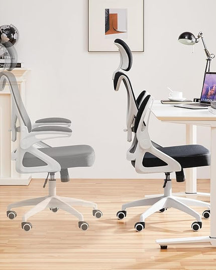 Yaheetech Ergonomic Mesh Office Chair, High Back Desk Chair with with flip-up Armrests, Adjustable Padded Headrest Computer Chair with Lumbar Support for Home Oiffce Game Room, White/Black - LeafyLoom
