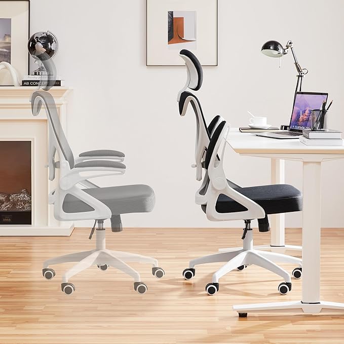 Yaheetech Ergonomic Mesh Office Chair, High Back Desk Chair with with flip-up Armrests, Adjustable Padded Headrest Computer Chair with Lumbar Support for Home Oiffce Game Room, White/Black - LeafyLoom