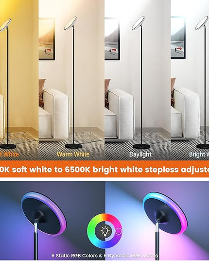 UFO Torchiere Floor Lamps,42W 3700LM Bright Torchiere Sky Modern LED Lamps,Tall Standing Pole Light with Remote,5 Color Dimmable,85% Energy Saving,Memory & Timer,for Living Room,Bedroom(Black) - LeafyLoom
