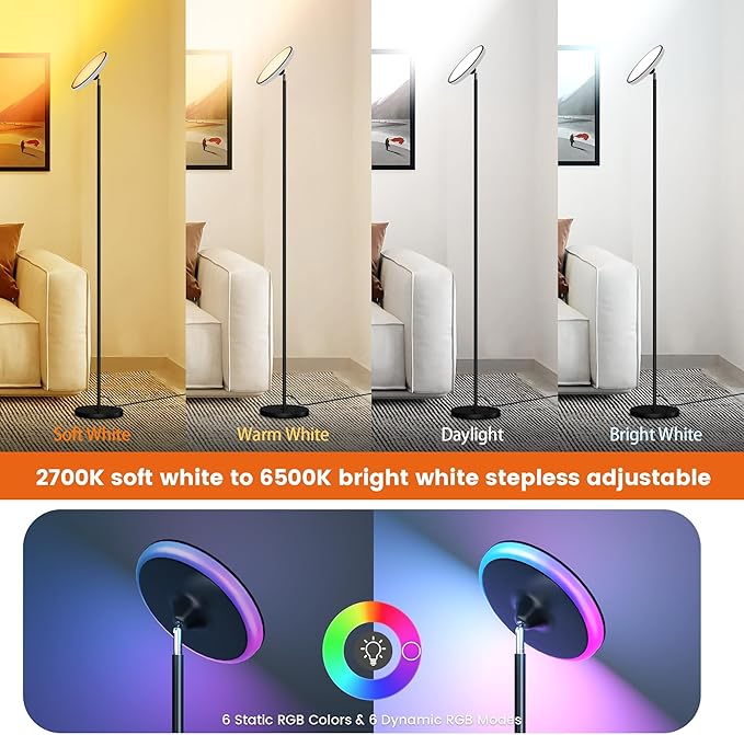 UFO Torchiere Floor Lamps,42W 3700LM Bright Torchiere Sky Modern LED Lamps,Tall Standing Pole Light with Remote,5 Color Dimmable,85% Energy Saving,Memory & Timer,for Living Room,Bedroom(Black) - LeafyLoom