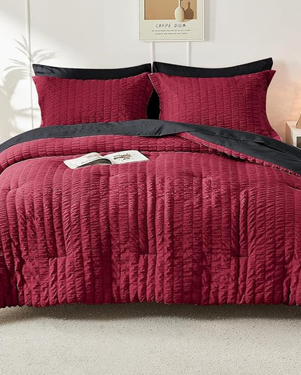 HYMOKEGE Seersucker Twin Comforter Set 3 Pieces, Lightweight Comforter Sets for Bedding, Bed Set with 1 All Season Soft Down Alternative Comforter and 2 Pillow Shams, Red and Black - LeafyLoom