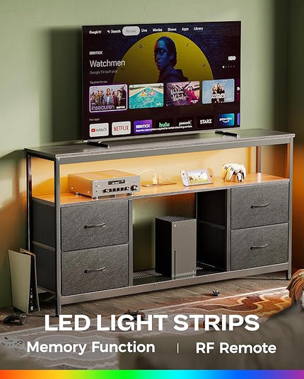 TV Stand Dresser with Power Outlets and LED Lights, 4 Drawers Entertainment Center with Shelves, 54in Media Console for 55 60 Inch TV, Dresser with PU Finish, Grey and Black - LeafyLoom