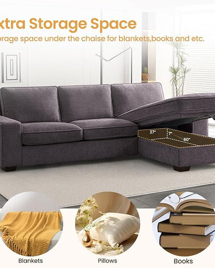 COHOME 100" L-Shaped Couch with Storage, Chenille Upholstered Deep Seat Couch for Living Room, Sofa with Reversible Chaise, Removable Covers, 3-Seater Apartment Sofa with Charge Ports,Dark Grey - LeafyLoom