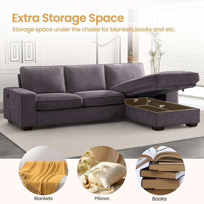 COHOME 100" L-Shaped Couch with Storage, Chenille Upholstered Deep Seat Couch for Living Room, Sofa with Reversible Chaise, Removable Covers, 3-Seater Apartment Sofa with Charge Ports,Dark Grey - LeafyLoom