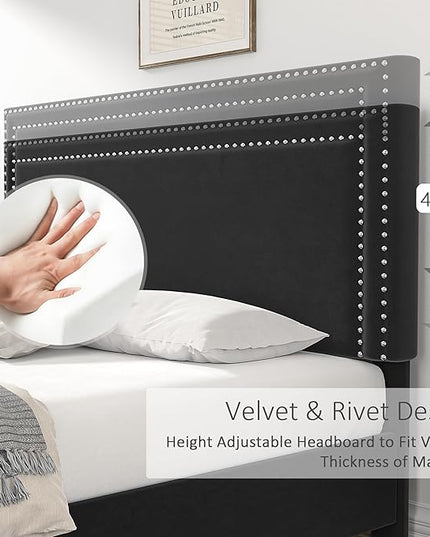 VECELO Queen Size Upholstered Platform Bed Frame with 4 Storage Drawers, Adjustable Velvet Rivets Headboard, Wooden Slats Support, No Box Spring Needed, Easy Assembly - LeafyLoom
