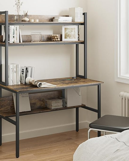 47 Inch Computer Desk with Desktop Wireless Charger, Home Office Desk with Bookshelf, Writing Desk with Storage Shelves for Home Office, Craft Table with Hutch Rustic - LeafyLoom