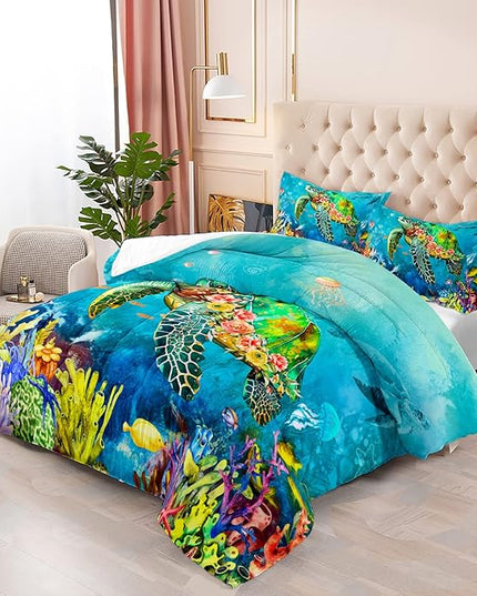 Kids Turtle Rose Comforter Set Twin Beach Theme Jellyfish Starfish Bedding Set Sea Animal Reptile Bed Set with 2 Pillowcases for Boys Girls Room Decor - LeafyLoom