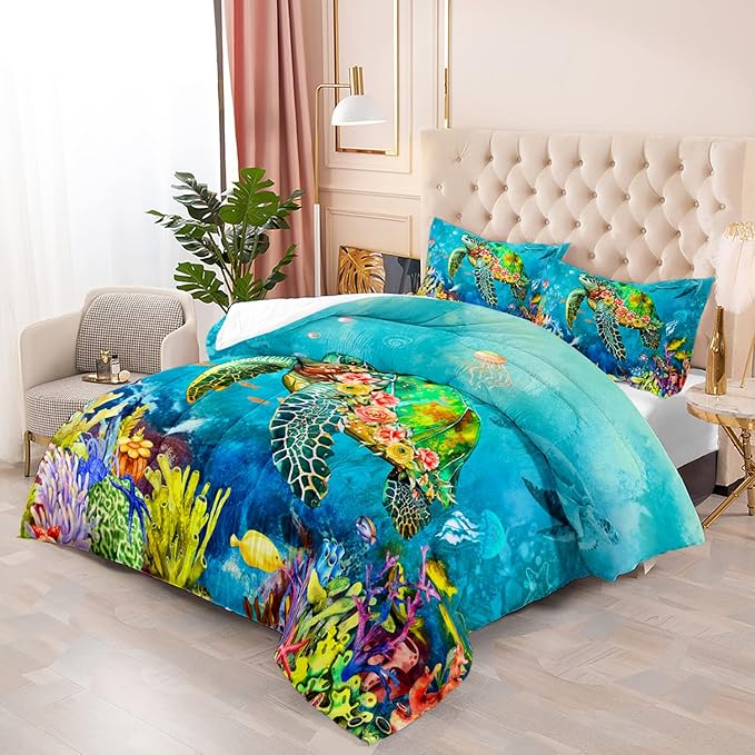 Kids Turtle Rose Comforter Set Twin Beach Theme Jellyfish Starfish Bedding Set Sea Animal Reptile Bed Set with 2 Pillowcases for Boys Girls Room Decor - LeafyLoom
