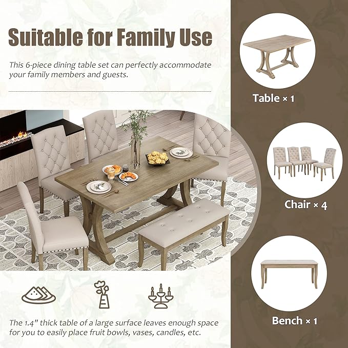 Retro Rustic Table, 6 Piece Farmhouse, Rectangular TrestleTable and Bench&4 Upholstered Chairs, Wooden Kitchen Furniture Set for Dining Room, Wood - LeafyLoom
