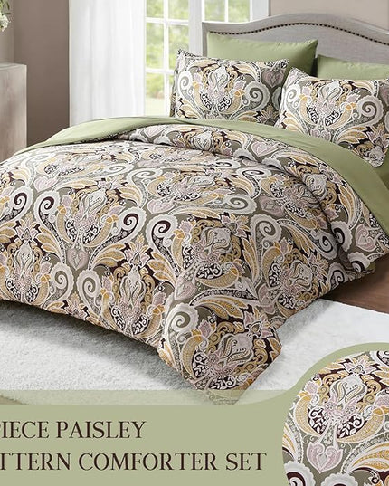 Yiran Sage Green Paisley Comforter Set King 7 Pieces Bed in a Bag Boho Comforter Lightweight Microfiber Bedding Set (1 Comforter, 1 Flat Sheet, 1 Fitted Sheet, 2 Pillowcases, 2 Pillow Shams) - LeafyLoom