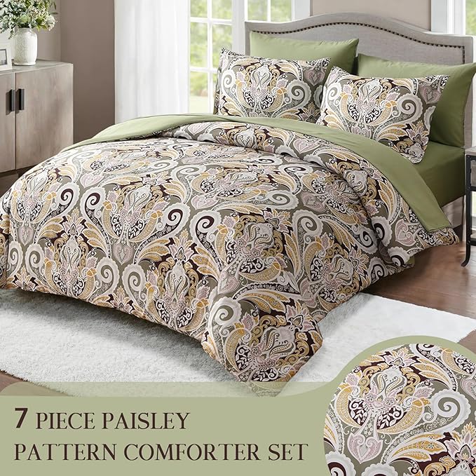 Yiran Sage Green Paisley Comforter Set King 7 Pieces Bed in a Bag Boho Comforter Lightweight Microfiber Bedding Set (1 Comforter, 1 Flat Sheet, 1 Fitted Sheet, 2 Pillowcases, 2 Pillow Shams) - LeafyLoom