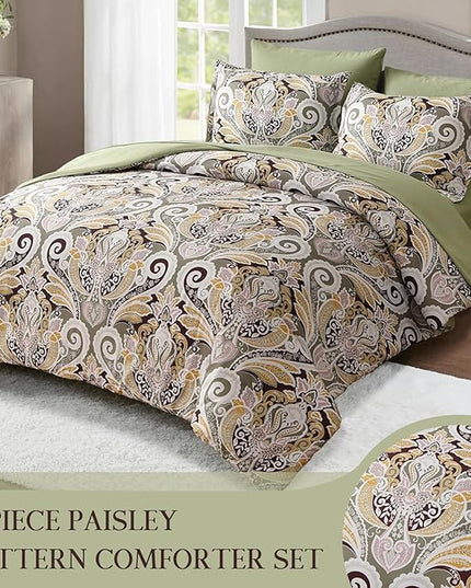 Yiran Sage Green Paisley Comforter Set Queen 7 Pieces Bed in a Bag Boho Comforter Lightweight Microfiber Bedding Set (1 Comforter, 1 Flat Sheet, 1 Fitted Sheet, 2 Pillowcases, 2 Pillow Shams) - LeafyLoom