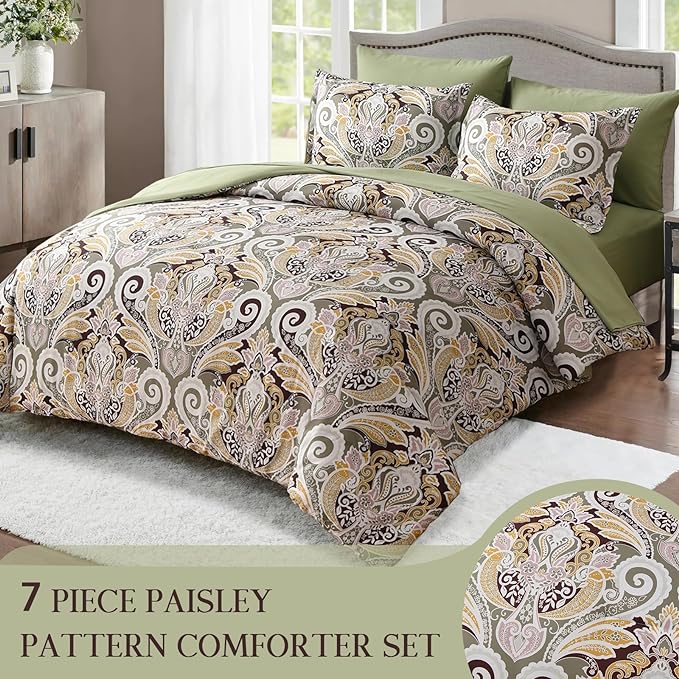 Yiran Sage Green Paisley Comforter Set Queen 7 Pieces Bed in a Bag Boho Comforter Lightweight Microfiber Bedding Set (1 Comforter, 1 Flat Sheet, 1 Fitted Sheet, 2 Pillowcases, 2 Pillow Shams) - LeafyLoom