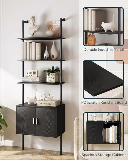 Yusong 73" Tall Bookshelf with Cabinet, Industrial Ladder Wall Mount Shelf Bookcase with Wood and Metal Frame, Plant Shelf Wall Storage Display for Living Room Bedroom, Black Wood Grain - LeafyLoom