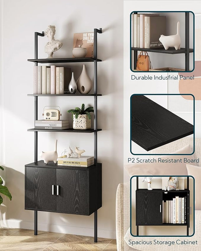 Yusong 73" Tall Bookshelf with Cabinet, Industrial Ladder Wall Mount Shelf Bookcase with Wood and Metal Frame, Plant Shelf Wall Storage Display for Living Room Bedroom, Black Wood Grain - LeafyLoom