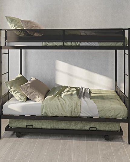 Twin over twin bunk bed with Trundle,Sturdy Metal Frame,Noise-Free Wood Slats,Comfortable Textilene Guardrail, 2 side Ladders,Space-Saving-Trundle,Bunk-Bed for Three,No Box Spring Needed,Black - LeafyLoom