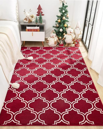 Chicrug Shag Geometric Modern Area Rug for Living Room, 3x5 Feet Large Memory Foam Indoor Carpet, Fluffy Rug for Bedroom Bedside Room Decor for Family Girls Kids Nursery, Wine Red/White - LeafyLoom