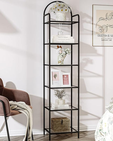 Bookcase Bookshelf, Tempered Glass Bookshelves, Slim Shelving Unit for Bedroom, Bathroom, Home Office, Steel Frame, 6 Tier Black BC10601B - LeafyLoom
