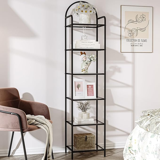 Bookcase Bookshelf, Tempered Glass Bookshelves, Slim Shelving Unit for Bedroom, Bathroom, Home Office, Steel Frame, 6 Tier Black BC10601B - LeafyLoom