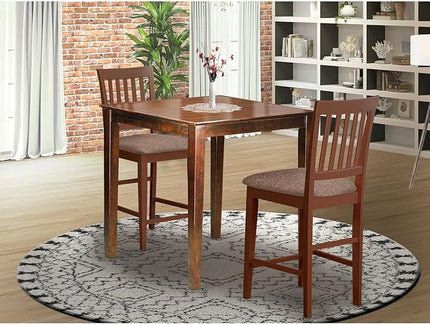 East West Furniture VERN3-MAH-C Vernon 3 Piece Counter Height Pub Set for Small Spaces Contains a Square Dining Room Table and 2 Linen Fabric Upholstered Chairs, 36x36 Inch - LeafyLoom