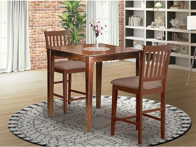East West Furniture VERN3-MAH-C Vernon 3 Piece Counter Height Pub Set for Small Spaces Contains a Square Dining Room Table and 2 Linen Fabric Upholstered Chairs, 36x36 Inch - LeafyLoom