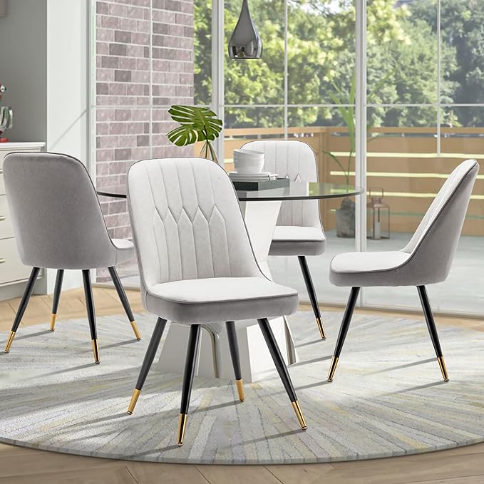 Alunaune Modern Dining Chairs Set of 2 Upholstered Kitchen Chairs Accent Chair, Mid Century Armless Leisure Chair Living Room Faux Leather Desk Side Chair with Gold Metal Legs-Ivory Grey - LeafyLoom