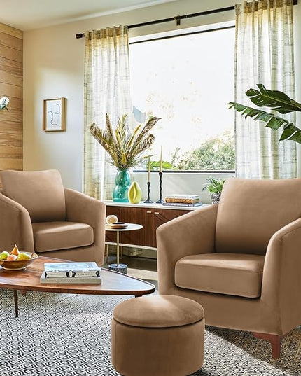 COLAMY Velvet Accent Chair with Storage Ottoman Set, Upholstered Barrel Arm Chair with Footrest, Modern Living Room Chair with Back Pillow, Camel - LeafyLoom