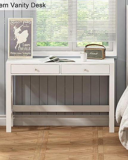 ChooChoo Computer Desk Study for Home Office, Modern Simple 40 Inches White Desk with Drawers, Makeup Vanity Console Table - LeafyLoom