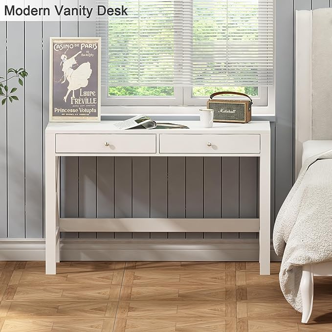 ChooChoo Computer Desk Study for Home Office, Modern Simple 40 Inches White Desk with Drawers, Makeup Vanity Console Table - LeafyLoom