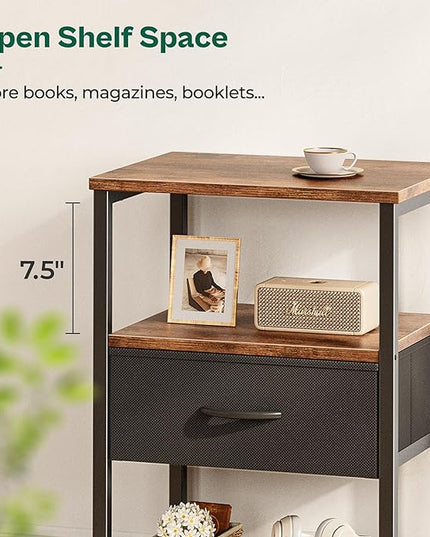 Night Stand with Fabric Drawer, Side Table with Mesh Shelf, Bedroom Nightstand, Fabric Drawer Dresser, Open Shelf, Metal Frame, Couch Side, Rustic Brown and Black - LeafyLoom