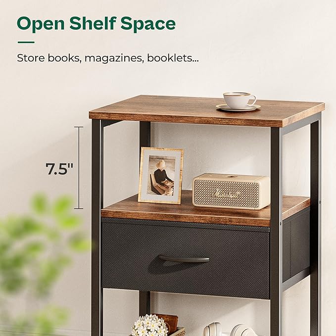 Night Stand with Fabric Drawer, Side Table with Mesh Shelf, Bedroom Nightstand, Fabric Drawer Dresser, Open Shelf, Metal Frame, Couch Side, Rustic Brown and Black - LeafyLoom