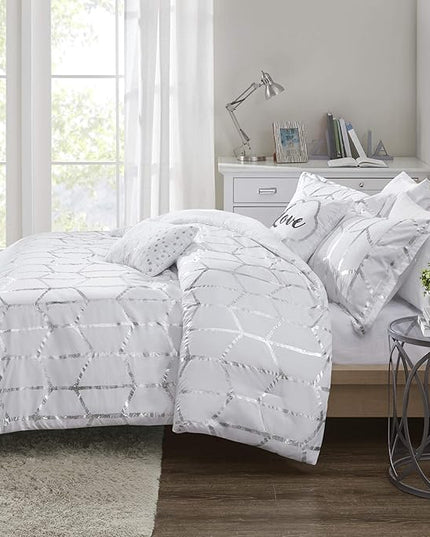 Intelligent Design Raina King / Cal King Comforter Set, Soft Microfiber Comforter Set King, Modern Geometric Metallic Bed Set, 5 Pieces College Bedding Comforter Set with 2 Shams, 2 Toss Pillows White - LeafyLoom