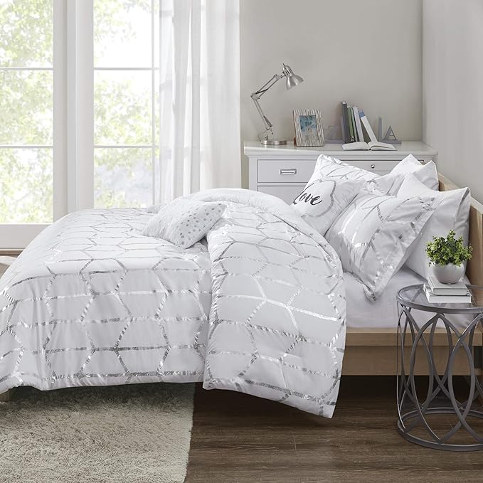 Intelligent Design Raina King / Cal King Comforter Set, Soft Microfiber Comforter Set King, Modern Geometric Metallic Bed Set, 5 Pieces College Bedding Comforter Set with 2 Shams, 2 Toss Pillows White - LeafyLoom