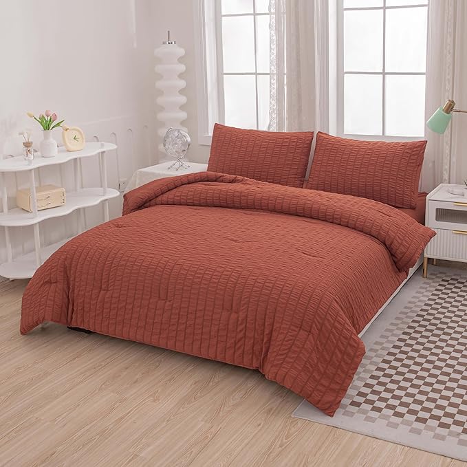 Burnt Orange Comforter Set Queen,Queen Sized Comforter Bedding Set, Burnt Orange Terracotta Bedding Set Queen Size,5 Pcs Lightweight Microfiber Bed Set - LeafyLoom