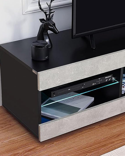 HOMMPA LED TV Stand for 65 inch TV Grey Black TV Stand with Led Lights Modern TV Entertainment Center with Glass Shelves TV Media Console for Living Room - LeafyLoom