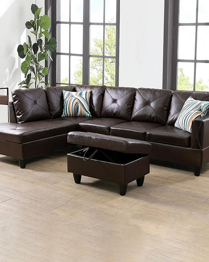 3-Piece L-Shaped Sectional Couches Lounge & Storage, 97'' Modular Living Room Home Office, 3pcs 97'' Sofa+66.5'' Chaise+28.5'' Ottoman(Left), Brown Faux Leather - LeafyLoom