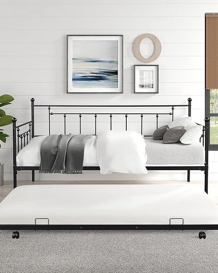 Twin Size Daybed with Trundle,Heavy-Duty Sturdy Metal Bed Frame,Noise Reduced,No Box Spring Needed,for Living Room Bedroom Apartment,Black - LeafyLoom