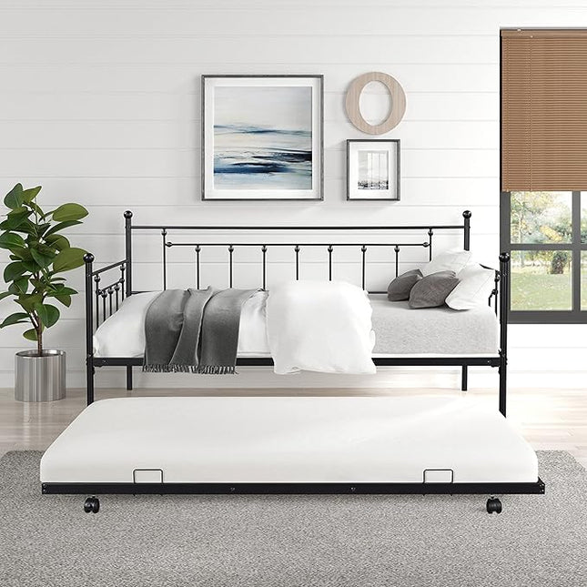 Twin Size Daybed with Trundle,Heavy-Duty Sturdy Metal Bed Frame,Noise Reduced,No Box Spring Needed,for Living Room Bedroom Apartment,Black - LeafyLoom