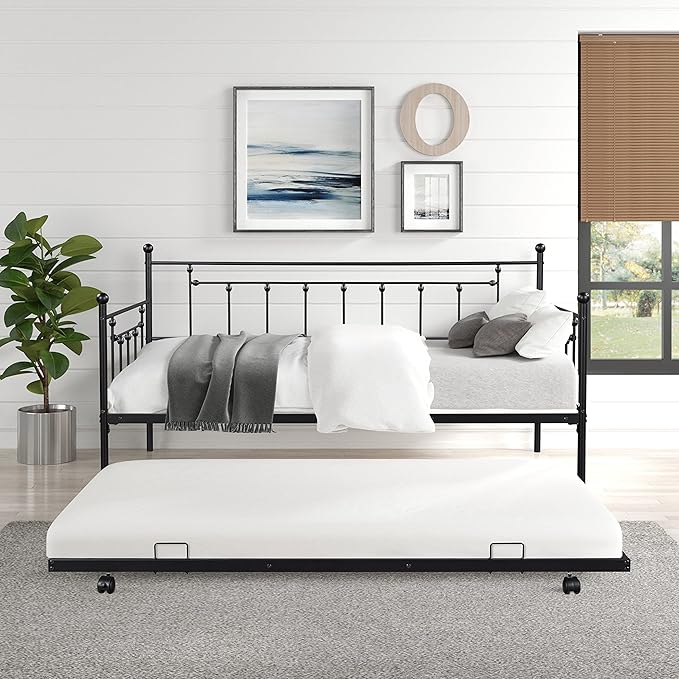 Twin Size Daybed with Trundle,Heavy-Duty Sturdy Metal Bed Frame,Noise Reduced,No Box Spring Needed,for Living Room Bedroom Apartment,Black - LeafyLoom