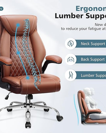 Office Chair, Ergonomic High Back Home Office Desk Chair, Big and Tall Breathable Leather Office Chair with Lumbar Support Flip-Up Armrests, Computer Chair with Rocking Function - LeafyLoom