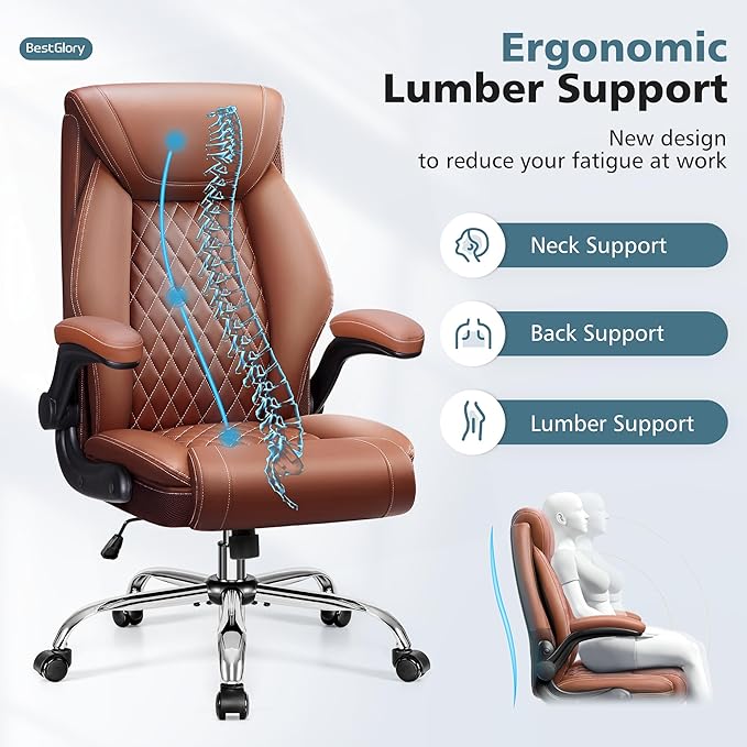 Office Chair, Ergonomic High Back Home Office Desk Chair, Big and Tall Breathable Leather Office Chair with Lumbar Support Flip-Up Armrests, Computer Chair with Rocking Function - LeafyLoom