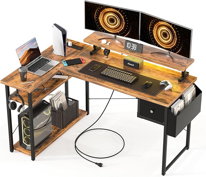47 inch L Shaped Desk, Computer Desk, Adjustable Stand Office Desk, Power Outlets & Storage Drawer, Reversible Computer Desk with Shelves & Headset Hooks - LeafyLoom
